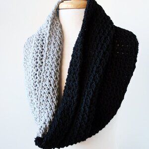 Hand Knit Merino Wool Infinity Scarf, Color Block Black and Grey, Gender Neutral